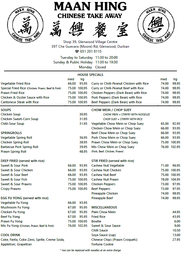 Maan Hing - Glenwood - Take Away Menu